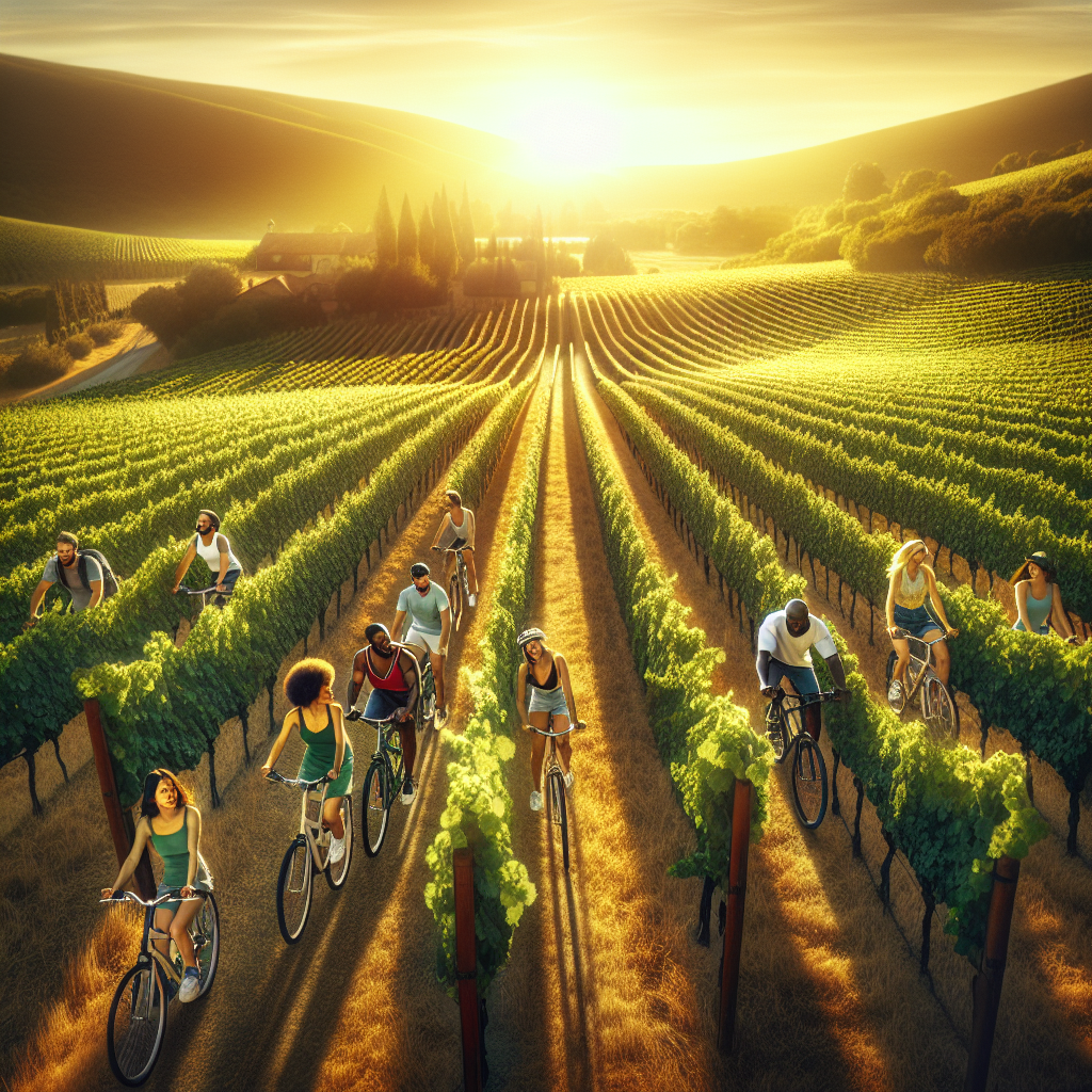 A scenic view of a vineyard with people leisurely cycling through it, capturing the essence of combining sport and wine experiences.