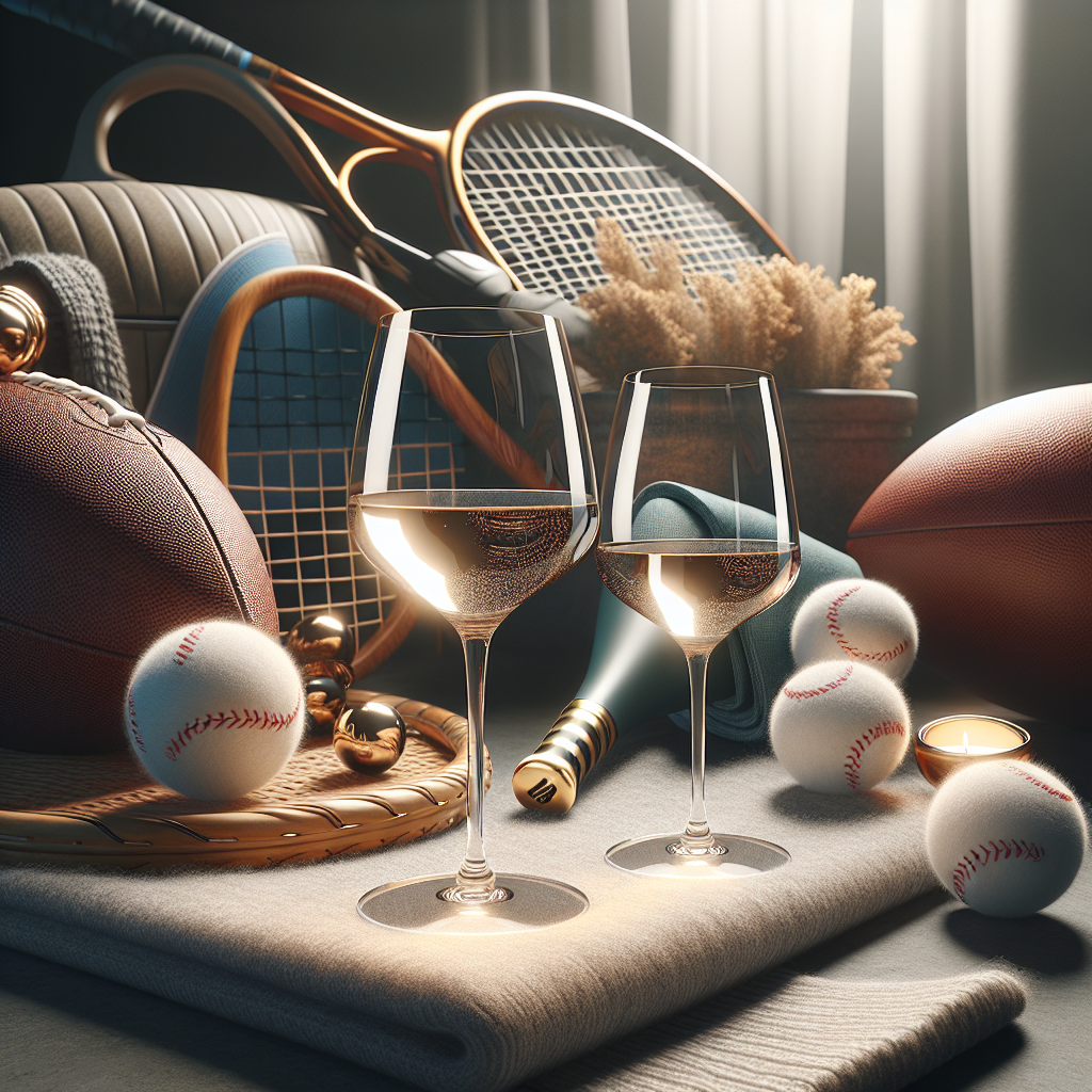 A cozy setting with sports equipment and elegant wine glasses, showcasing the harmony between sports and relaxation.