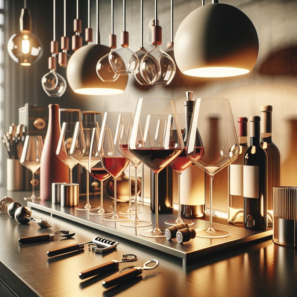 Elegant wine setup at home with various types of wine glasses and accessories, cozy and modern atmosphere.