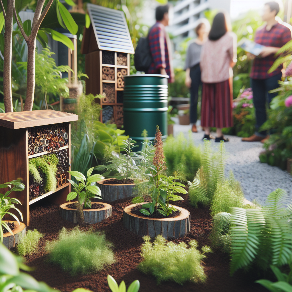 Nærbilde av en frodig, liten byhage med stedegne planter, insektshotell, regnvannstønne og folk som planter trær under myk naturlig belysning