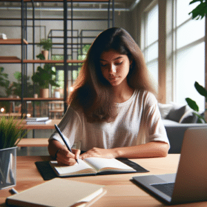 Student ved et ryddig skrivebord med god belysning, notatbok, laptop og planter i bakgrunnen; fokusert, moderne studieatmosfære