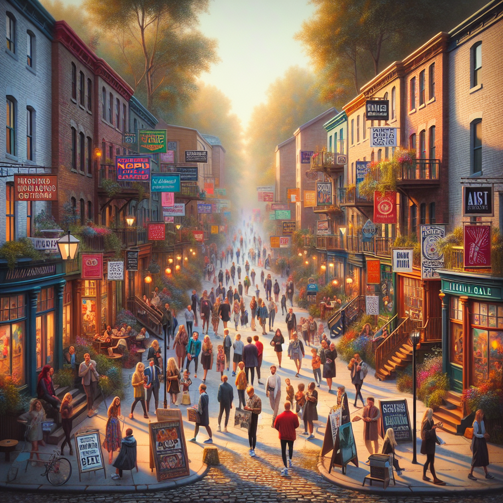 Gatebilde av et lokalt kunstkvarter med folk som går mellom gallerier og kaféer, levende farger og plakater for konserter, nordisk lys