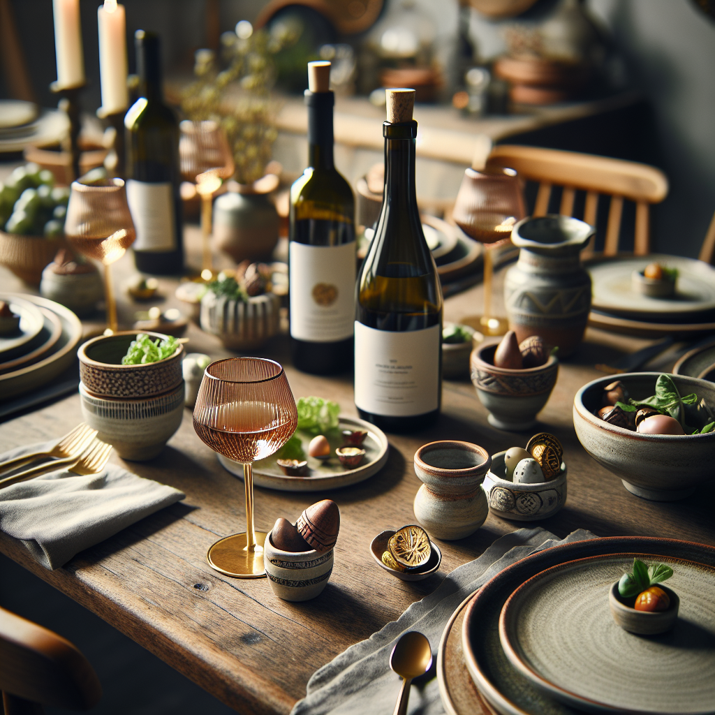 Nordisk bordsetting med småretter og vinflasker, naturlig lys, varme toner, innbydende og moderne stil