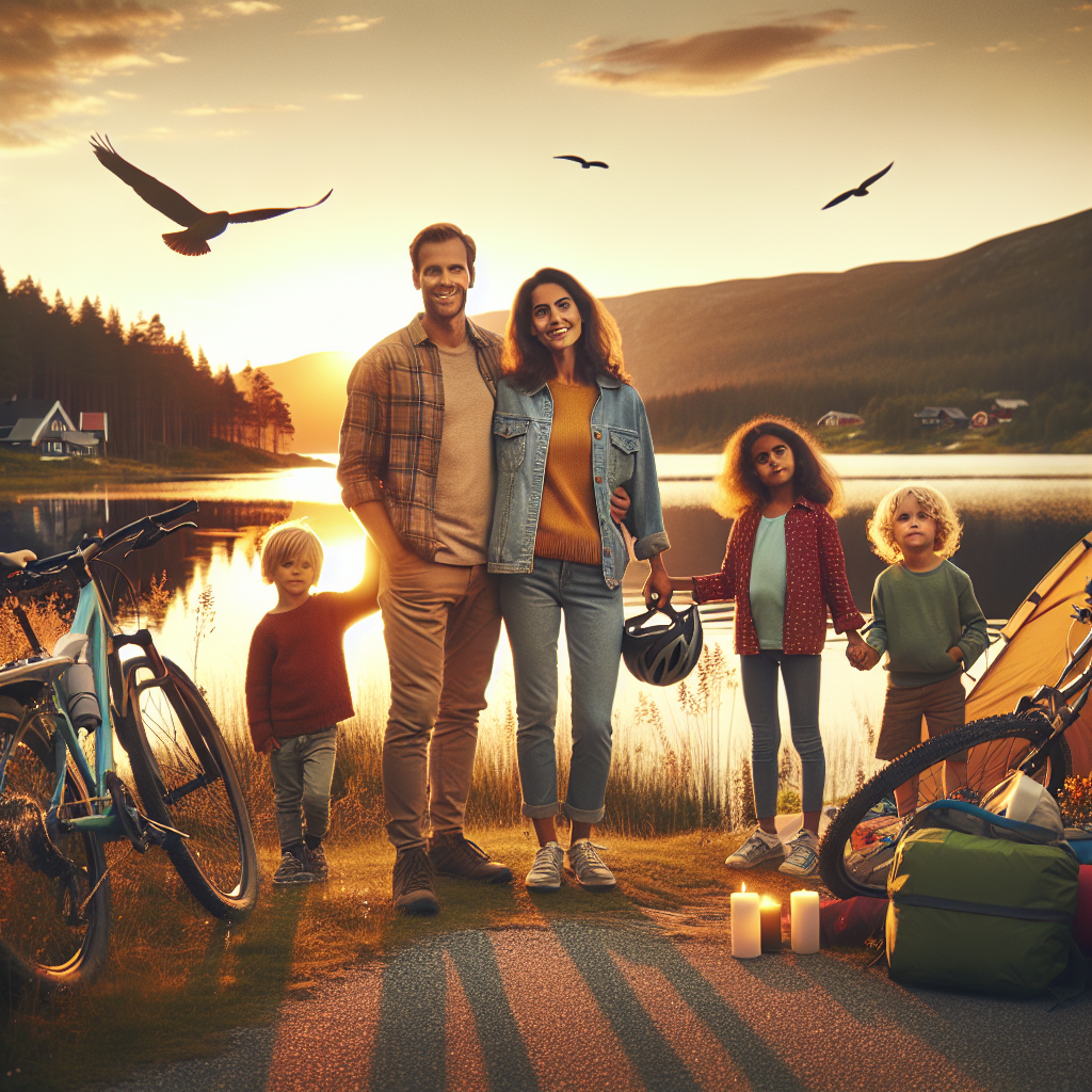 Familie på dagstur ved norsk innsjø i gyldent kveldslys, telt, sykler og sekk, nordisk natur, varm stemning, bærekraftig ferie