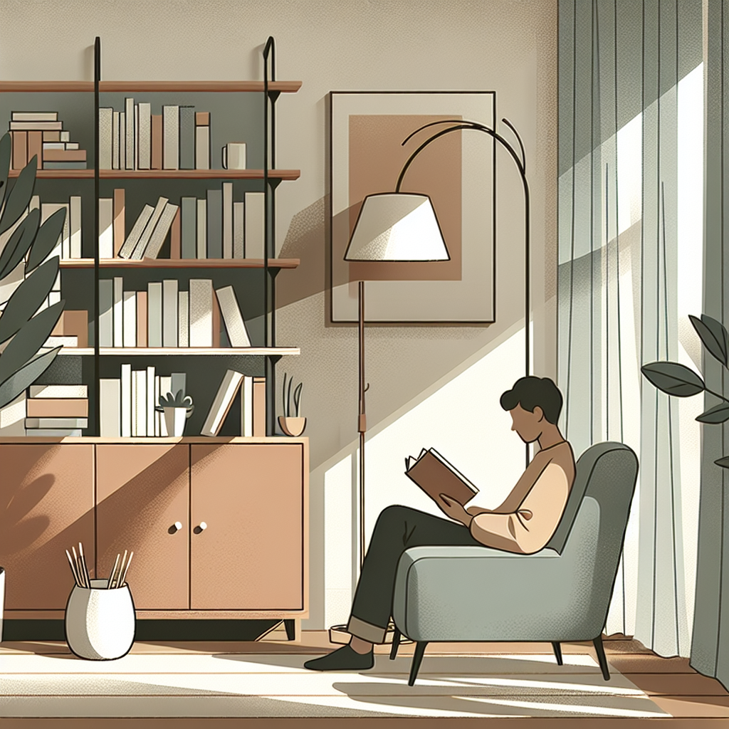 Koselig, moderne lesehjørne med bokhylle, varm lampe og en person som leser, myke farger og naturlig lys