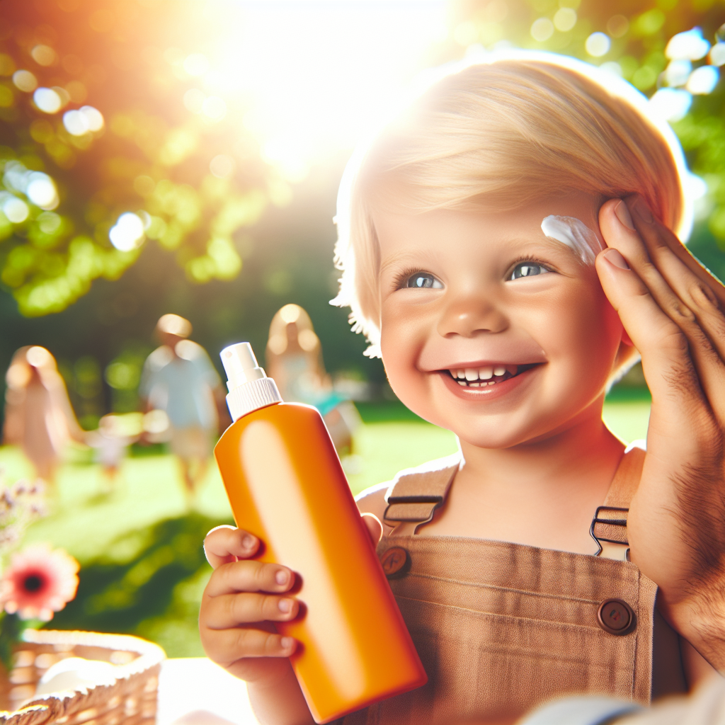 Forelder som smører solkrem på et smilende barn i sommerlig park, naturlig lys, myke farger, fokus på solkremflaske og solbeskyttelse