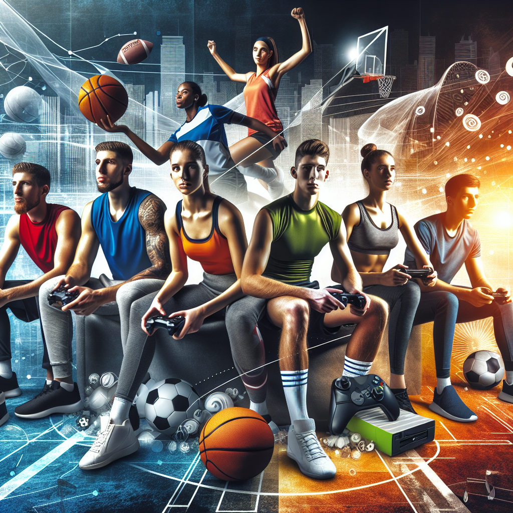 Aktive idrettsutøvere og gamere side om side, dynamisk komposisjon, moderne bybakgrunn, sportselementer og spillkontroller, energisk og varmt fargepalett