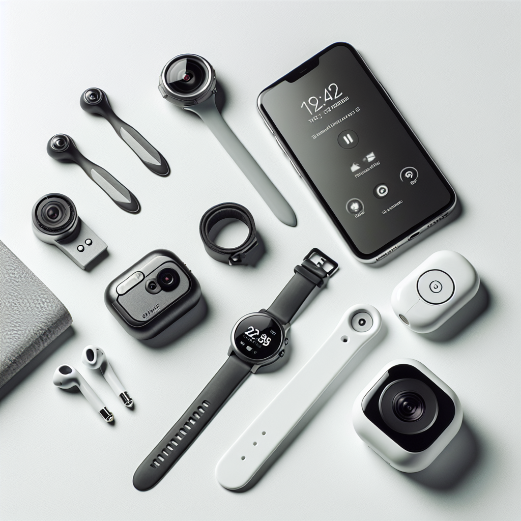 Flatlay av moderne hverdagsgadgets: smartklokke, trådløse ørepropper, smartplugg, dashcam og powerbank på lys, minimalistisk bakgrunn