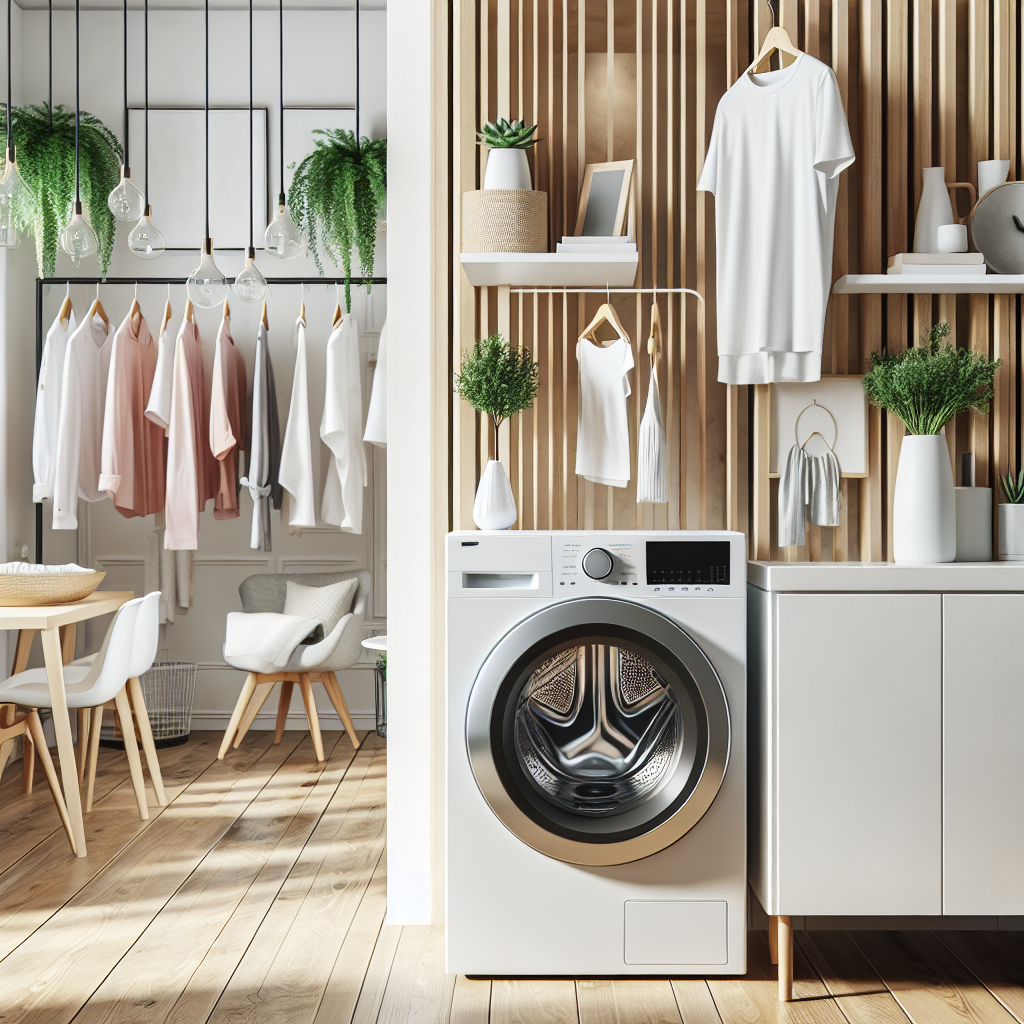 Et lyst og moderne vaskerom med hengeanordning, energieffektiv vaskemaskin og rene klær på tørk, stilrent nordisk interiør
