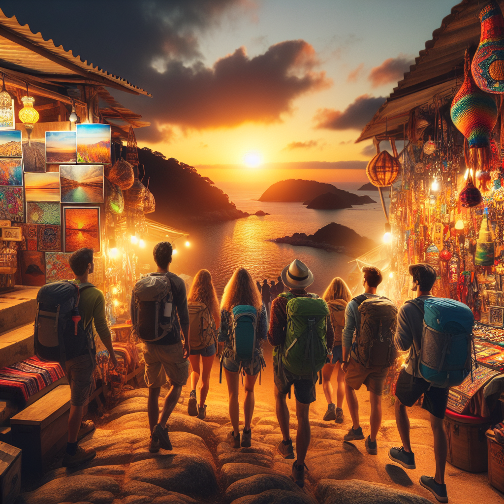 Vandregruppe i en småby ved kysten om kvelden, lokale markedsboder og kunstutstillinger i bakgrunnen, varm stemning og naturlig lys