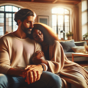 Et moderne nordisk par som sitter tett i en lys stue, mykt naturlig lys, varme farger, intime hender og et hyggelig hjemmemiljø