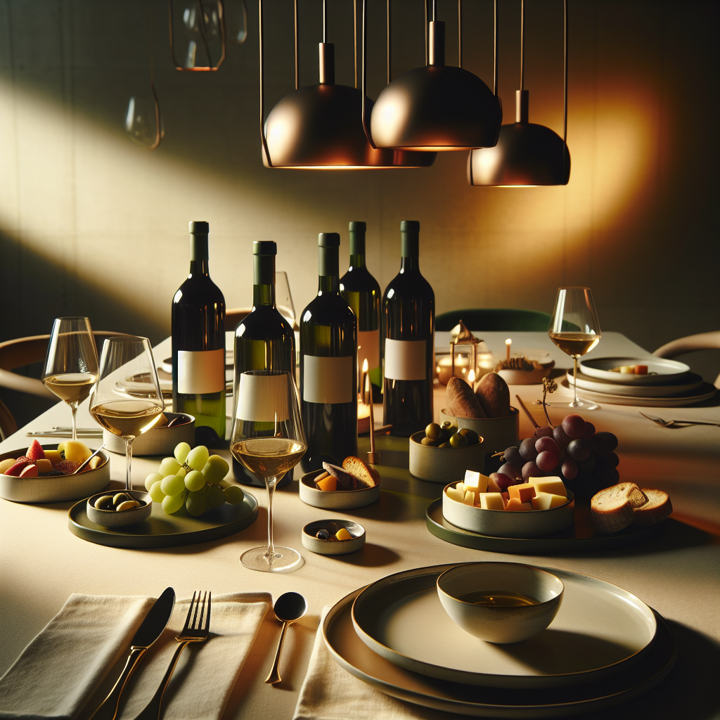 Et elegant bordoppsett med forskjellige småretter og vinflasker, dempet belysning, moderne, varm atmosfære, fokus på tekstur og farger