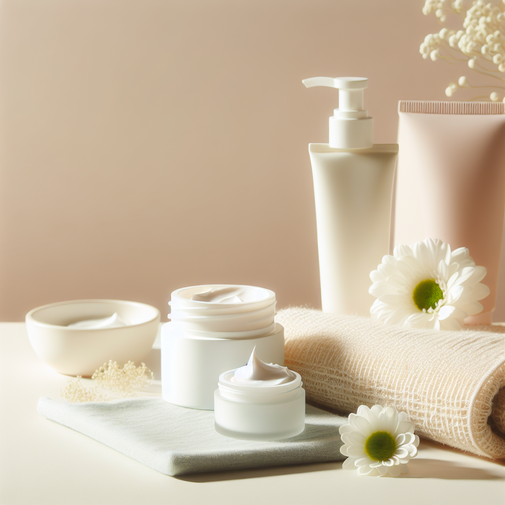 Nærbilde av en rolig hudpleierutine: parfymefri krem, solkrem og myk vaskeklut på et lyst, rent bord, nøytrale pastellfarger