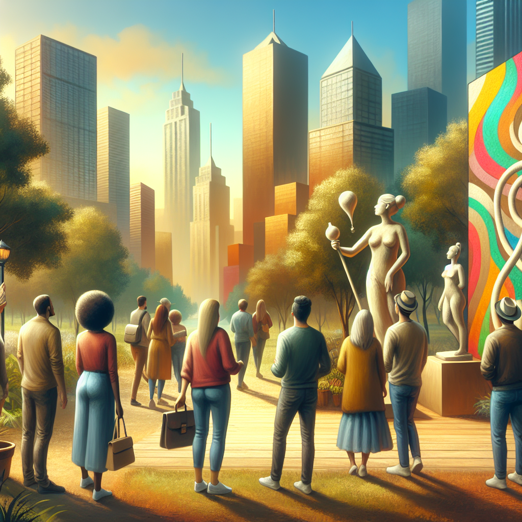 Bykunst i et moderne lokalmiljø: mennesker som ser på gatekunst og skulpturer i en park, varme farger, inkluderende atmosfære, naturlig lys