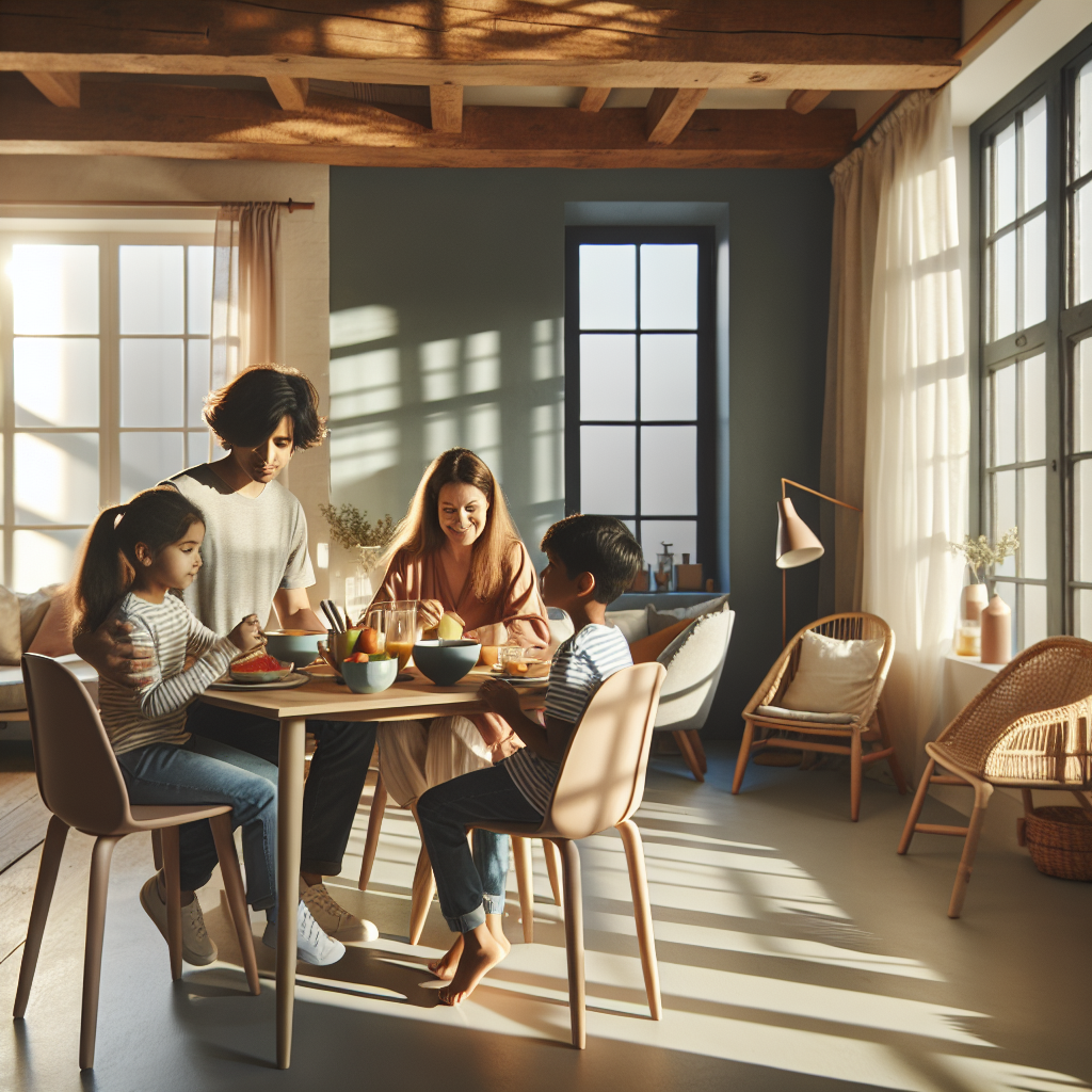 Familie i et koselig hjem som deler en morgenstund: foreldre og barn rundt et frokostbord, naturlig lys, varme fargetoner, avslappet og nær atmosfære, moderne nordisk stil